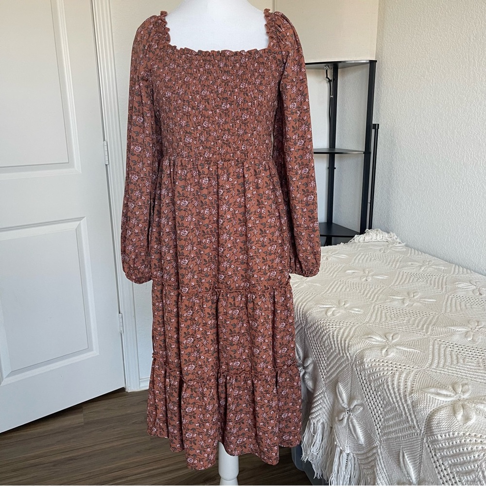 AUW Terracotta Floral Long Sleeve Midi Cottage core Dress in Large